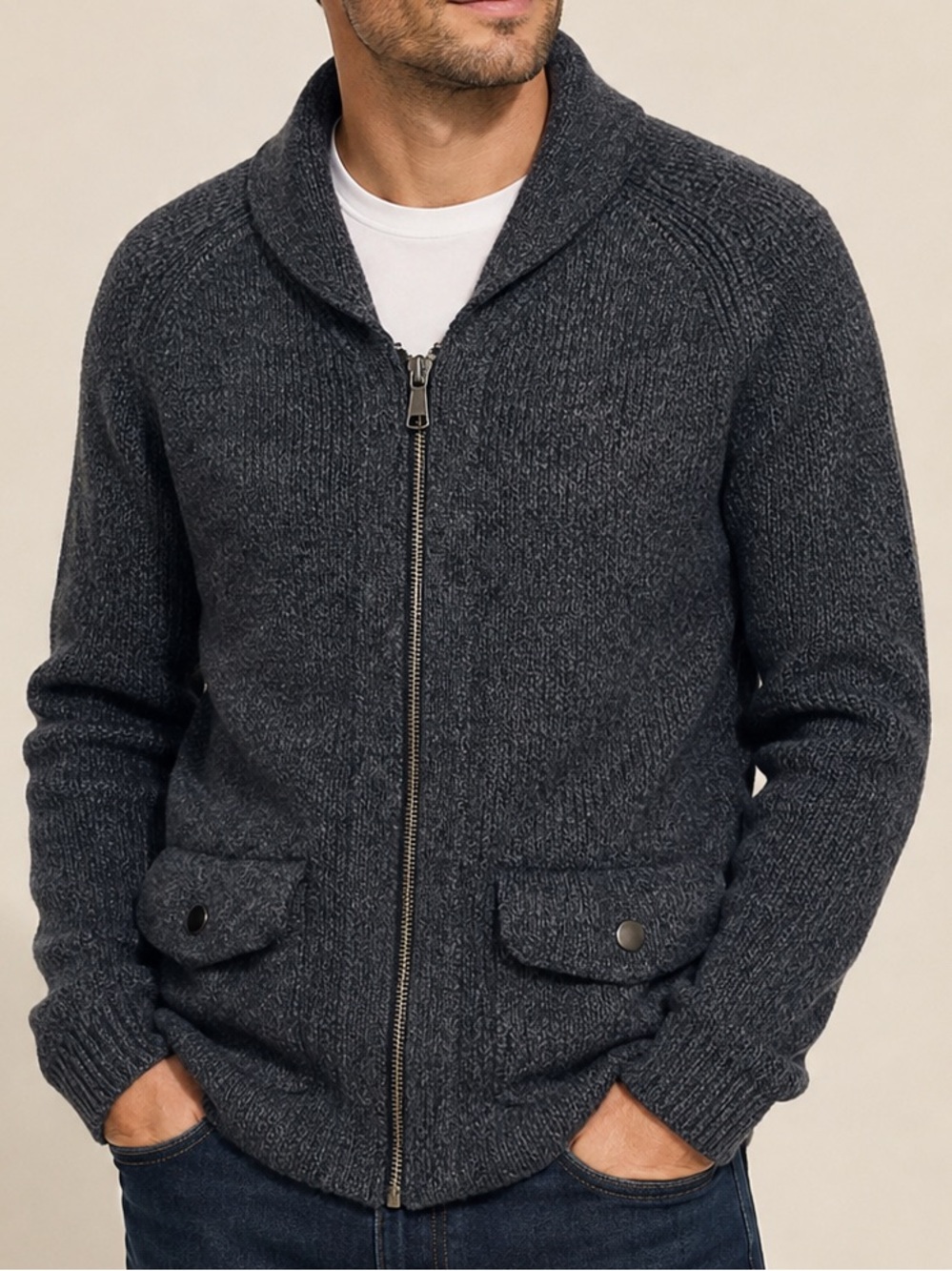 Banana Republic Men's Size L Charcoal Grey Wool Blend Full Zip Cardigan Collar